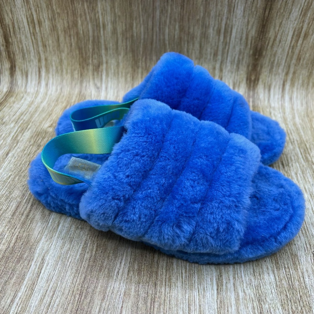 UGG Fluff Yeah Slippers Womens Size 7 Blue Sheepskin Platform Slingback 1120030K